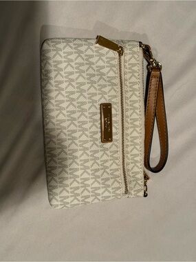 Michael Kors Beige Logo Wristlet with Tan Strap